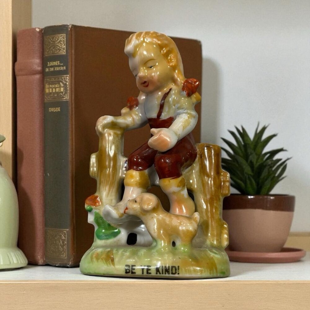 Vintage Figurine Girl On Fence W/ Puppy Dog Decor Shelf Sitter Gift Cottagecore